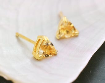 Genuine Yellow Citrine Crystal Stud Earrings in Sterling Silver, Silver or Gold, Trillion Cut Citrine Earrings, Double Pronged