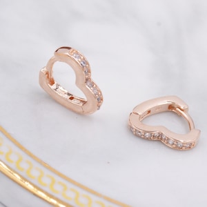 Heart Huggie Hoop Earrings in Sterling Silver, Silver, Gold or Rose Gold with CZ Crystals, Minimalist Geometric Design