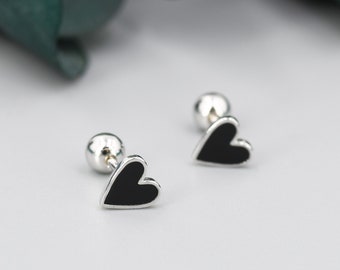 Black Enamel Heart Screwback Earrings in Sterling Silver, Silver or Gold, Delicate Heart Earrings, Heart Barbell Earrings, Screw Back