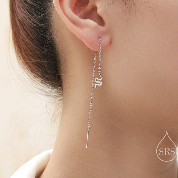 Snake Threader Earrings in Sterling Silver, Silver or Gold,  Snake Long Ear Threaders, Single or Double Piercing Threaders, Long Threaders