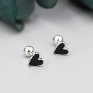 Black Enamel Heart Screwback Earrings in Sterling Silver, Silver or Gold, Delicate Heart Earrings, Heart Barbell Earrings, Screw Back