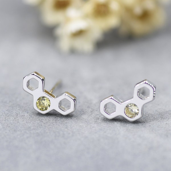 Tiny Honeycomb Stud Earrings in Sterling Silver, Silver or Gold,  Nature Inspired