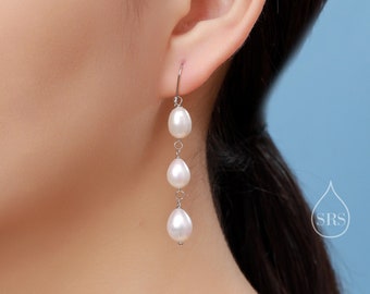 Pendientes colgantes con forma de trío de perlas barrocas en plata de ley, plata u oro, pendientes colgantes largos de perlas, pendientes de perlas de agua dulce naturales Keshi