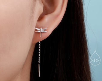 Sterling Silver Dragonfly Ear Threaders, Dragonfly Threader Earrings with Dangle Chain, Daily Dangle Earrings