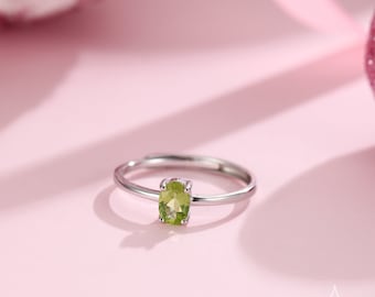 Natural Green Peridot Oval Ring in Sterling Silver,  4x6mm, Prong Set Oval Cut, Adjustable Size, Genuine Peridot Ring, August Birthstone