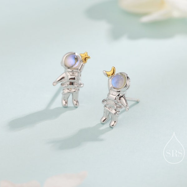Astronaut Stud Earrings in Sterling Silver with Moonstone, Mismatched Moon and Star Astronaut Earrings, Asymmetric Spaceman Earrings