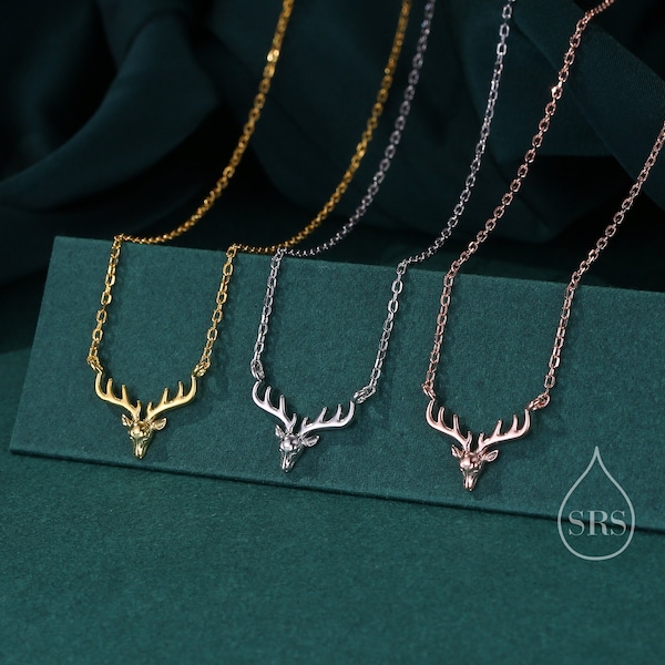 Stag Deer Halskette in Sterling Silber, Hirschkopf Halskette, Silber, Gold oder Roségold - Süßer, schrulliger und lustiger Schmuck