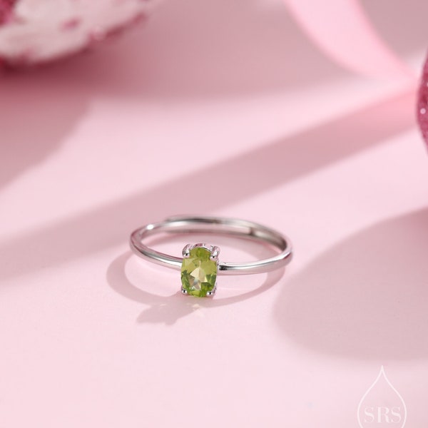 Natural Green Peridot Oval Ring in Sterling Silver,  4x6mm, Prong Set Oval Cut, Adjustable Size, Genuine Peridot Ring, August Birthstone