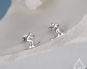 Skiing Ohrringe aus Sterlingsilber, auch in Gold oder Rosegold Finish, Wintersport Ohrstecker