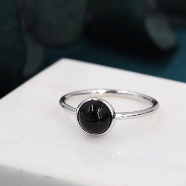 Genuine Black Onyx Ring in Sterling Silver, US 5 - 8, Natural Black Onyx Ring, 6mm Black Onyx Ring