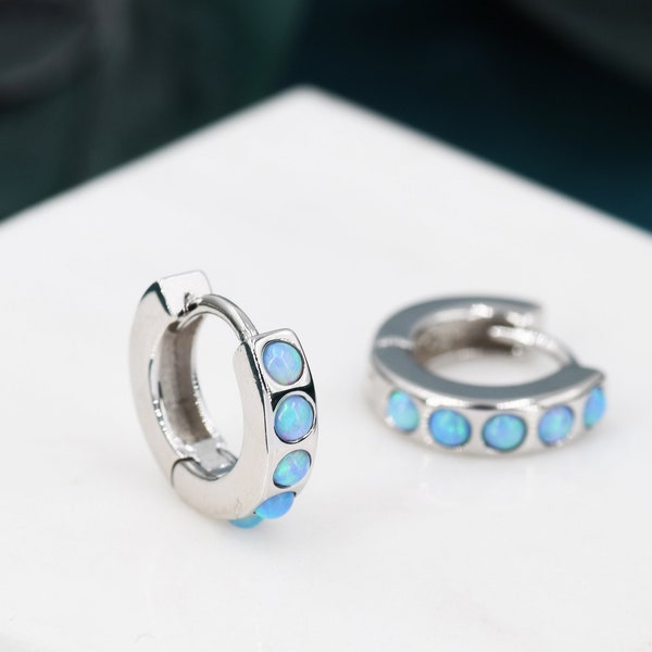 Sterling Silver Opal Huggie Hoop Earrings, Blue and White Opal, Minimalist Geometric Hoop Earrings