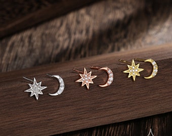 Asymmetrische maan- en Starburst-oorknopjes, zilver, goud of roségoud, steroorknopjes, kleine hemelse oorbellen