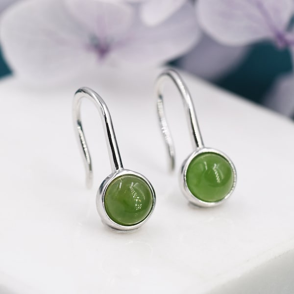 Pendientes colgantes de jade genuinos en plata de ley, pendientes de gancho redondo de jade natural, pendientes de jade delicados, pendientes de jade real