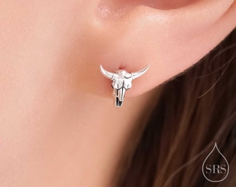 Sterling Silver Tiny Bull Skull Stud Earrings, Silver or Gold or Rose Gold,  Bull Skeleton Earrings in Sterling Silver