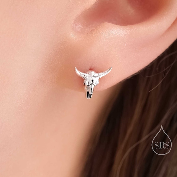 Sterling Silver Tiny Bull Skull Stud Earrings, Silver or Gold or Rose Gold,  Bull Skeleton Earrings in Sterling Silver