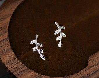 Leaf Stud Earrings in Sterling Silver - Tree Branch Stud Earrings  - Olive Branch - Cute,  Fun, Whimsical