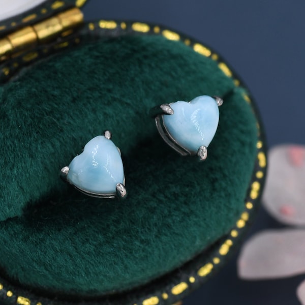 Genuine  Larimar Stone Heart Stud Earrings in Sterling Silver, 4mm or 5mm Natural Larimar Heart Stud Earrings, Tiny Heart Earrings