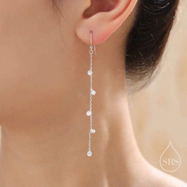 CZ Cascade Drop Hook Earrings in Sterling Silver, Silver or Gold or Rose Gold, Geometric CZ Dangle Drop Earrings, CZ Long Drop Earrings