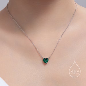 Emerald Green CZ Heart Pendant Necklace in Sterling Silver, Silver or Gold, Heart Necklace, Sparkly CZ Necklace
