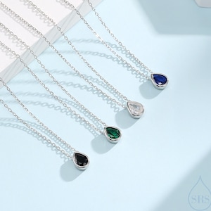 Tiny CZ Droplet Pendant Necklace in Sterling Silver, Silver or Gold, Minimalist Pear Cut CZ Necklace  Available in Black, Green, or Blue