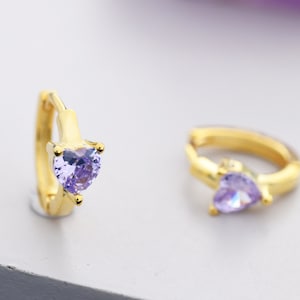 Alexandrite CZ Heart Huggie Hoop in Sterling Silver, Silver or Gold,  8mm Inner Diameter, Stacking Earrings
