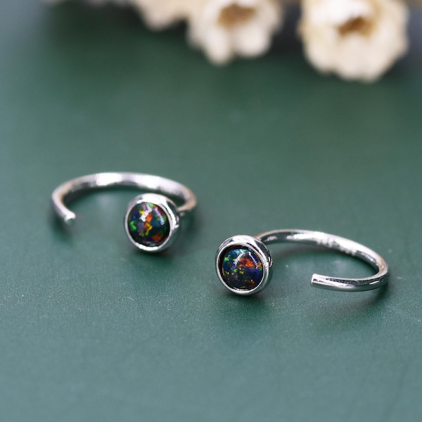 Minimalist Black Opal Huggie Hoop Threader Earrings in Sterling Silver, Gold or Silver, Pull Through Open Hoop Earrings