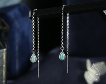 Sterling Silver Aqua Green Opal Droplet Ear Threader Earrings, Silver or Gold, Lab Opal Drop Earrings, Geometric Minimalist Threader Earring