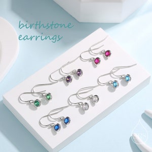 Birthstone CZ Drop Earrings in Sterling Silver, Cubic Zirconia Birthstone Hook Earrings, Silver, Gold or Rose Gold, Minimal Earrings