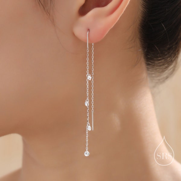 CZ Cascade Drop U Threader Earrings in Sterling Silver, Silver or Gold or Rose Gold, Geometric CZ Dangle Drop Earrings, CZ Long Drop Earring