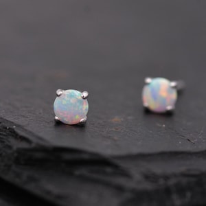 Minimalist Opal Stud Earrings in Sterling Silver, Simulated White Opal, Tiny Circle Dot Jewellery E20