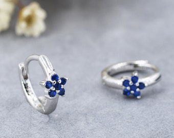 Tiny Sapphire Blue CZ Flower Huggie Hoops, CZ Hoop Earrings, Crystal Flower Huggie Earrings, September Birthstone