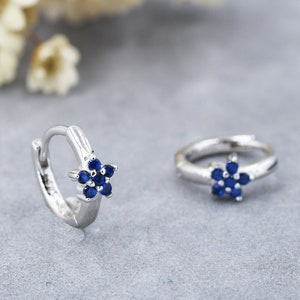 Tiny Sapphire Blue CZ Flower Huggie Hoops, CZ Hoop Earrings, Crystal Flower Huggie Earrings, September Birthstone