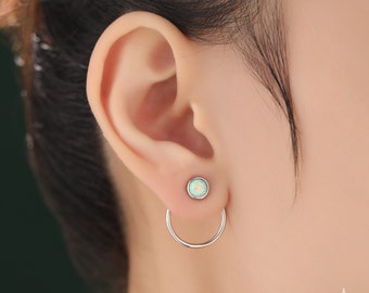 Double Circle Aqua Green Opal Ear Jacket in Sterling Silver,  Two Way Detachable Circle Earrings, Front and Back Lab Opal Earring