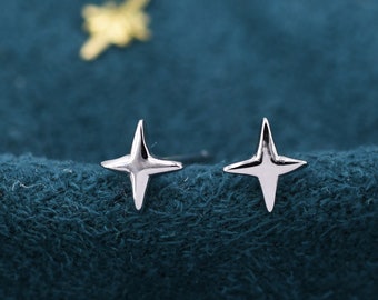 Pendientes de estrella de cuatro puntas en plata de ley, pequeño perno celestial, pulido o texturizado, oro o plata