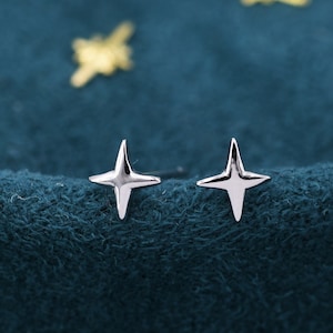 Four Point Star Stud Earrings in Sterling Silver, Tiny Celestial Stud, Polished or Textured, Gold or Silver image 1