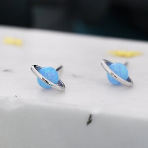 Sterling Silver Blue Planet Opal Stud Earrings, Saturn Earrings, Halo Opal Bead Stud, Blue and White , Gold or Silver Minimalist Geometric