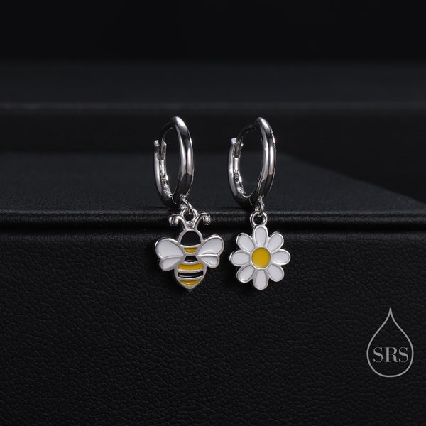 Mismatched Bumble Bee and Daisy Huggie Hoops in Sterling Silver, Silver or Gold, Asymmetric Cute Bee Hoop Earrings,