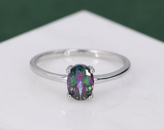 1 Carat Mystic Black CZ Oval Ring in Sterling Silver, 6.5mm Mystic Topaz Zircon Ring, US Size 5-8, Aurora Black Oval Ring