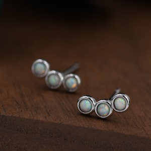 Tiny White Opal Trio Stud Earrings in Sterling Silver, Silver or Gold, Curved Bar Three Opal Earrings, Opal Stud, Small Opal Earrings