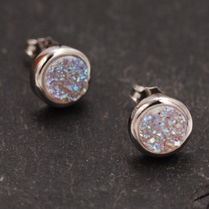 Sterling Silver Genuine Druzy Stone Crystal Stud Earrings. Round Minimalist Dot. White Druzy Quartz Crystal. Mermaid Tears