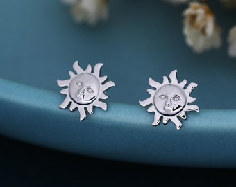 Tiny Sun Stud Earrings in Sterling Silver, Silver or Gold, Sun Face Earrings, Quirky Whimsical Earrings