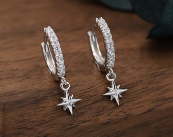 Tiny CZ Starburst Huggie Hoop Earrings in Sterling Silver, Silver or Gold, North Star Earrings, Sunburst Earrings, Celestial