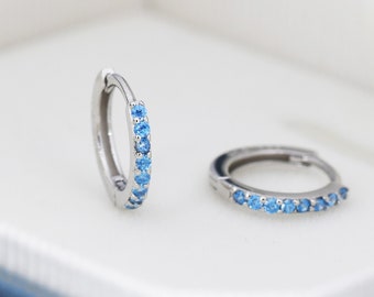 Aquamarine Blue CZ Huggie Hoop in Sterling Silver,  8mm Inner Diameter, Stacking Earrings, March Birthstone