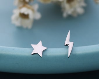 Mismatched Tiny Star and Lightning Bolt Stud Earrings in Sterling Silver, Asymmetric Extra Small Star and Lightning Bolt Fun Earrings