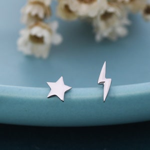 Mismatched Tiny Star and Lightning Bolt Stud Earrings in Sterling Silver, Asymmetric Extra Small Star and Lightning Bolt Fun Earrings