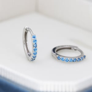 Aquamarine Blue CZ Huggie Hoop in Sterling Silver,  8mm Inner Diameter, Stacking Earrings, March Birthstone