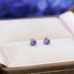 Amethyst Purple CZ Crystal Stud Earrings in Sterling Silver, 3mm Three Prong, Gold or Silver, Tiny Stud