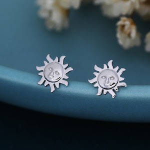 Tiny Sun Stud Earrings in Sterling Silver, Silver or Gold, Sun Face Earrings, Quirky Whimsical Earrings