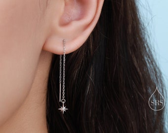 Extra Tiny CZ Starburst Threader Earrings in Sterling Silver, Silver or Gold, North Star Ear Threaders, 10cm long threaders, Double Piecing