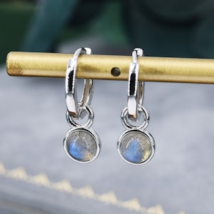 Genuine Labradorite Hoop Earrings in Sterling Silver, Detachable Labradorite Coin Dangle Hoop Earrings, Interchangeable, Grey Moonstone